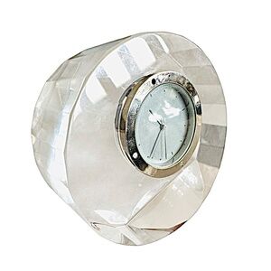 Faceted Clear Crystal Desk Clock 3” Heavy Quartz